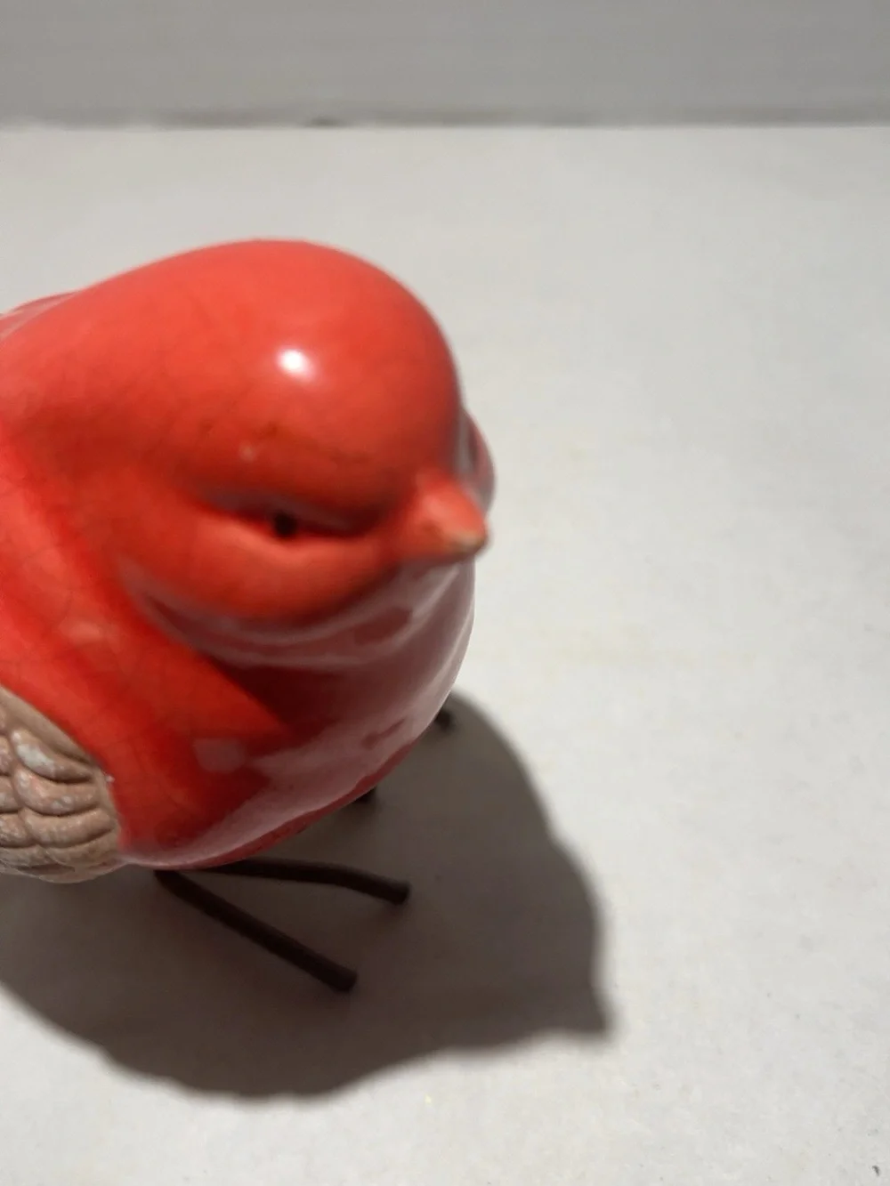 Red Ceramic Cardinal Bird Figurine Crackle Glaze Metal Wire Legs Rustic Decor